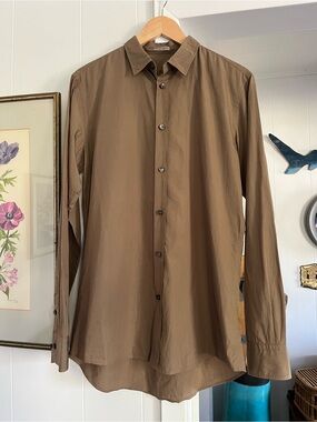 Bottega Veneta Long Sleeve Cotton Button Down Shirt Taupe Mother of Pearl Collar